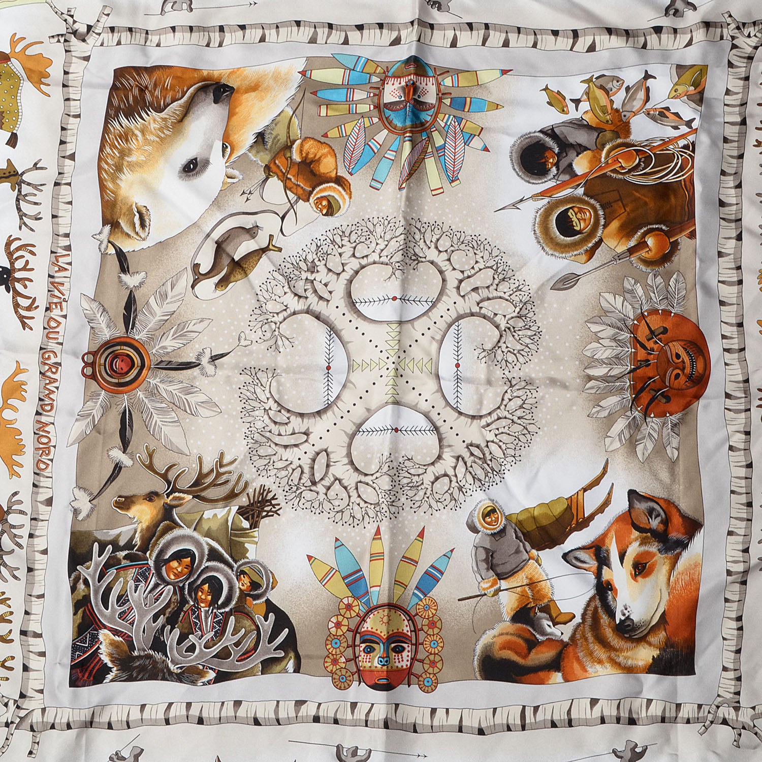 Hermes Silk La Vie Du Grand Nord Scarf 90 Noir Sepia Bronze 1 of 6