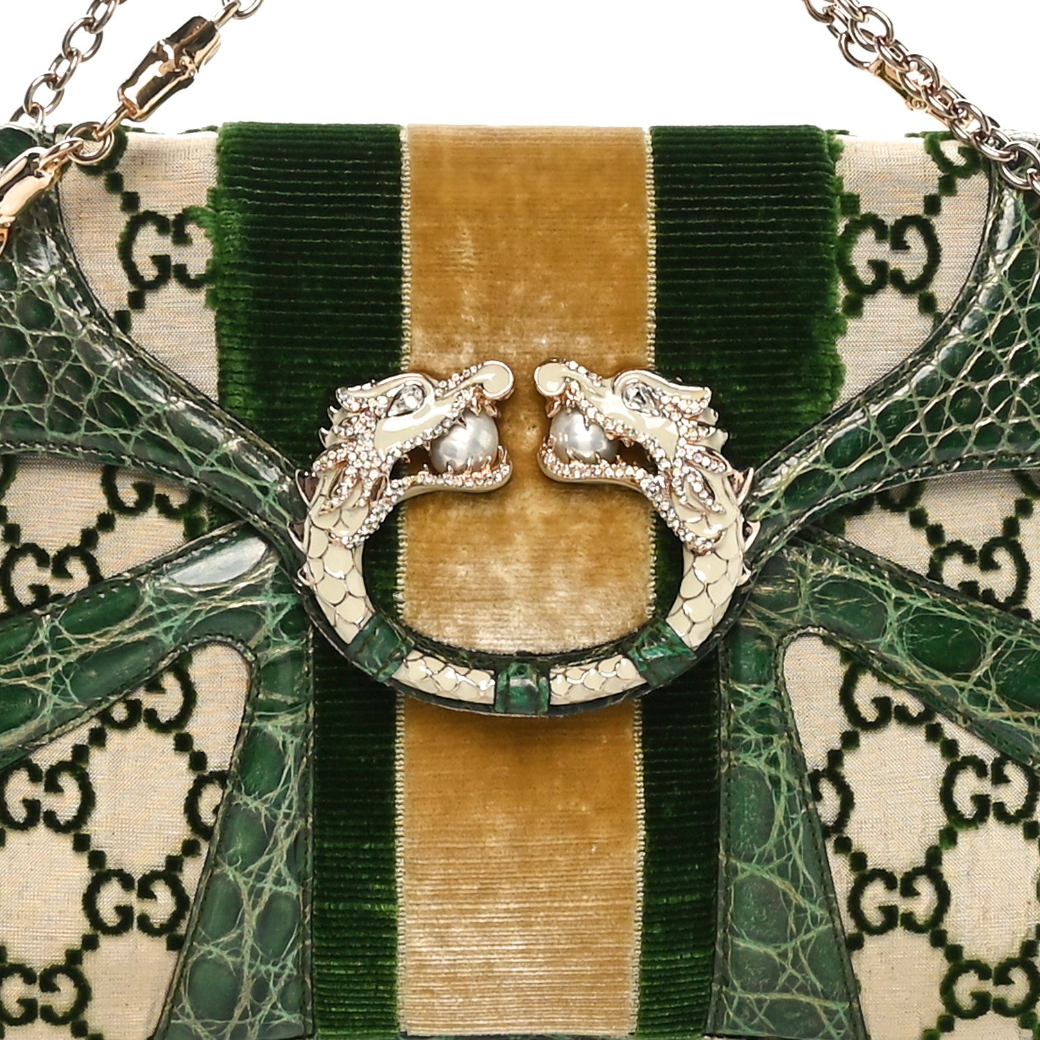 Gucci Velvet Monogram Crocodile Tom Ford Jeweled Dragon Shoulder Bag Green Beige 8 of 10