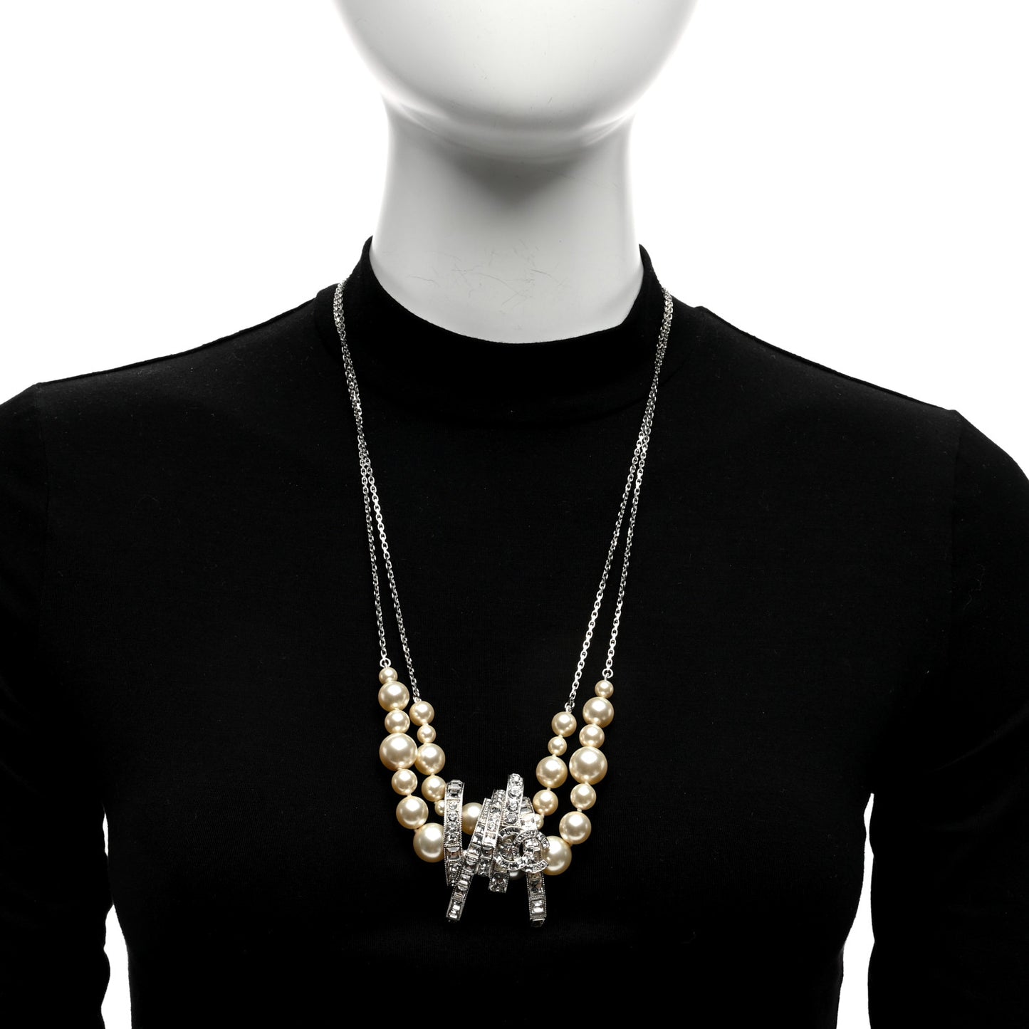 Graduated Pearl Crystal CC Long Necklace Silver