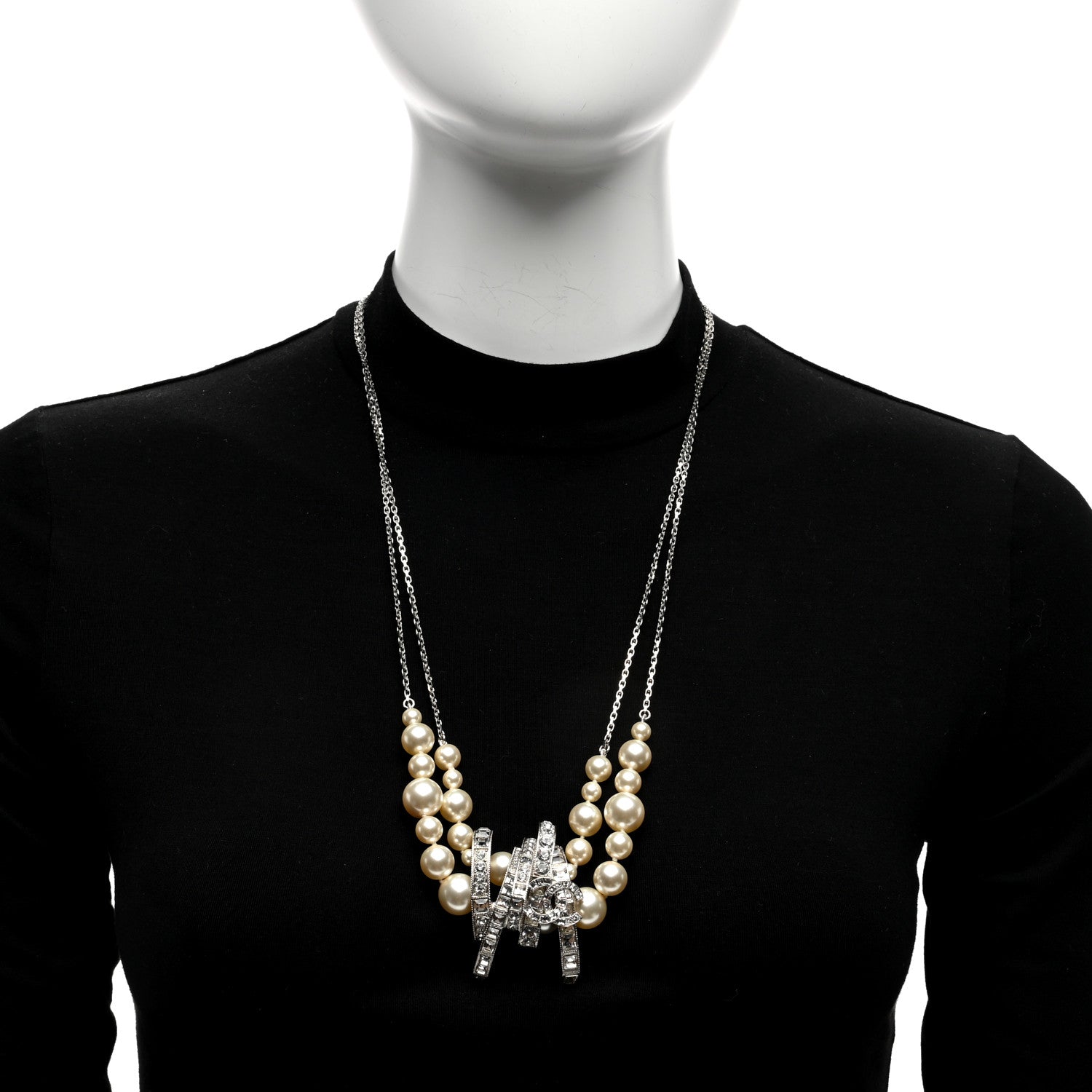 Chanel Graduated Pearl Crystal CC Long Necklace Silver 3 of 5
