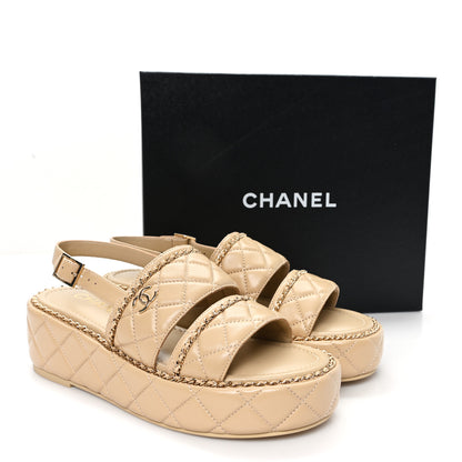 Chanel Shiny Lambskin Quilted Chain Around CC Platform Sandals 39.5 Beige 10 of 10