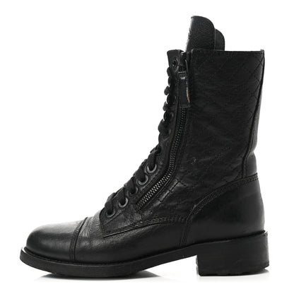 Chanel Sheepskin Quilted CC Tall Lace Up Combat Boots 36 Black 1 of 18