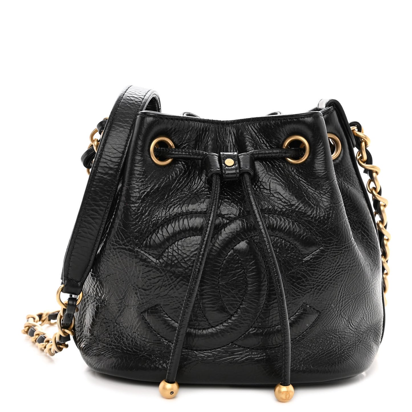 Shiny Aged Calfskin CC Chain Mini Drawstring Bag Black