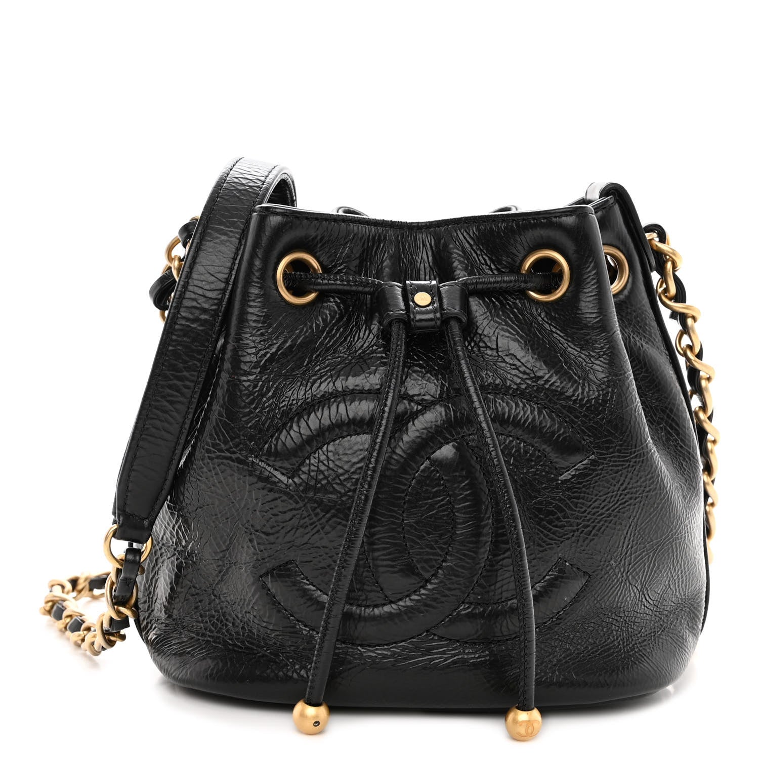 Chanel Shiny Aged Calfskin CC Chain Mini Drawstring Bag Black 1 of 12