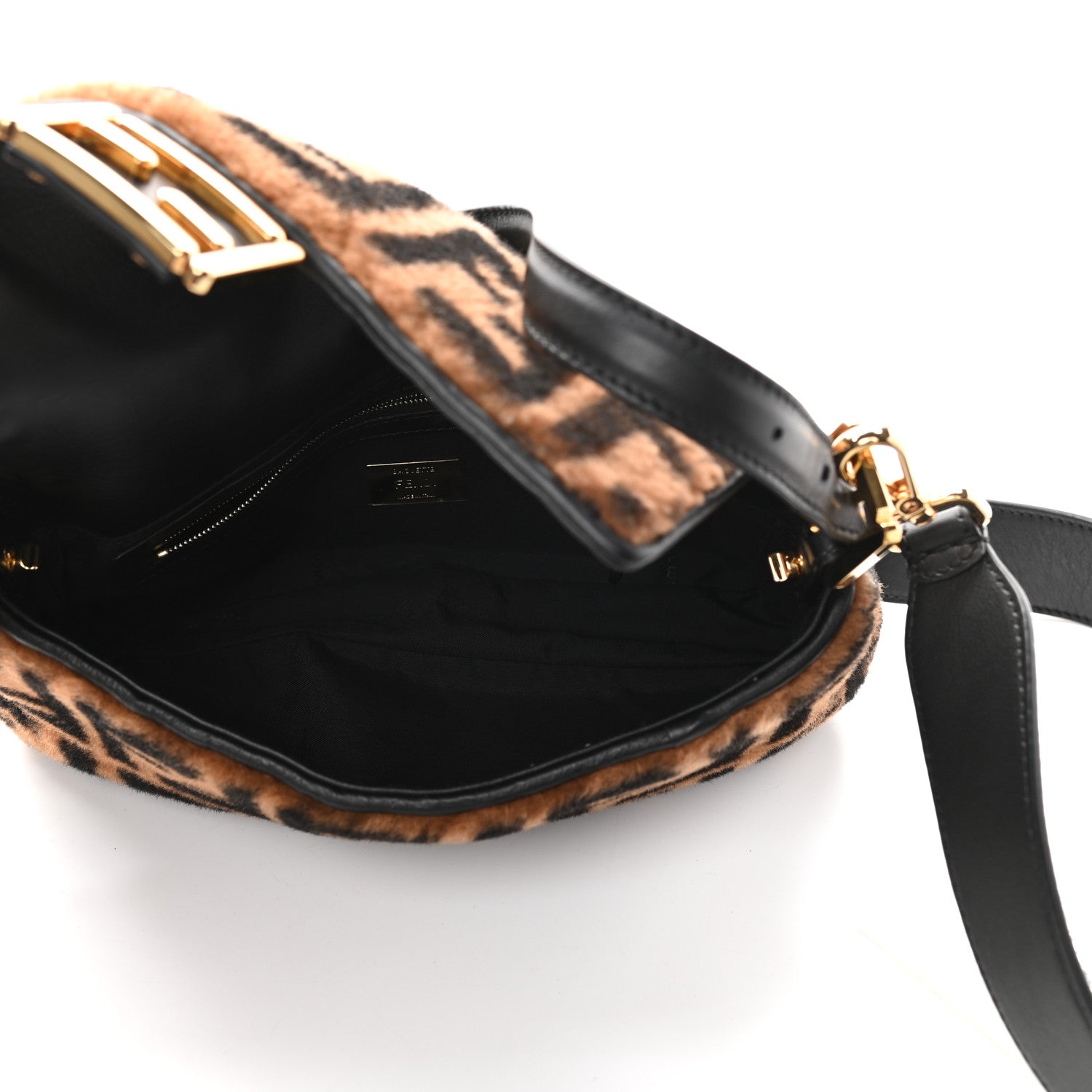 Fendi Shearling Vitello Dolce Macro FF 1974 Baguette Tobacco Black 5 of 9