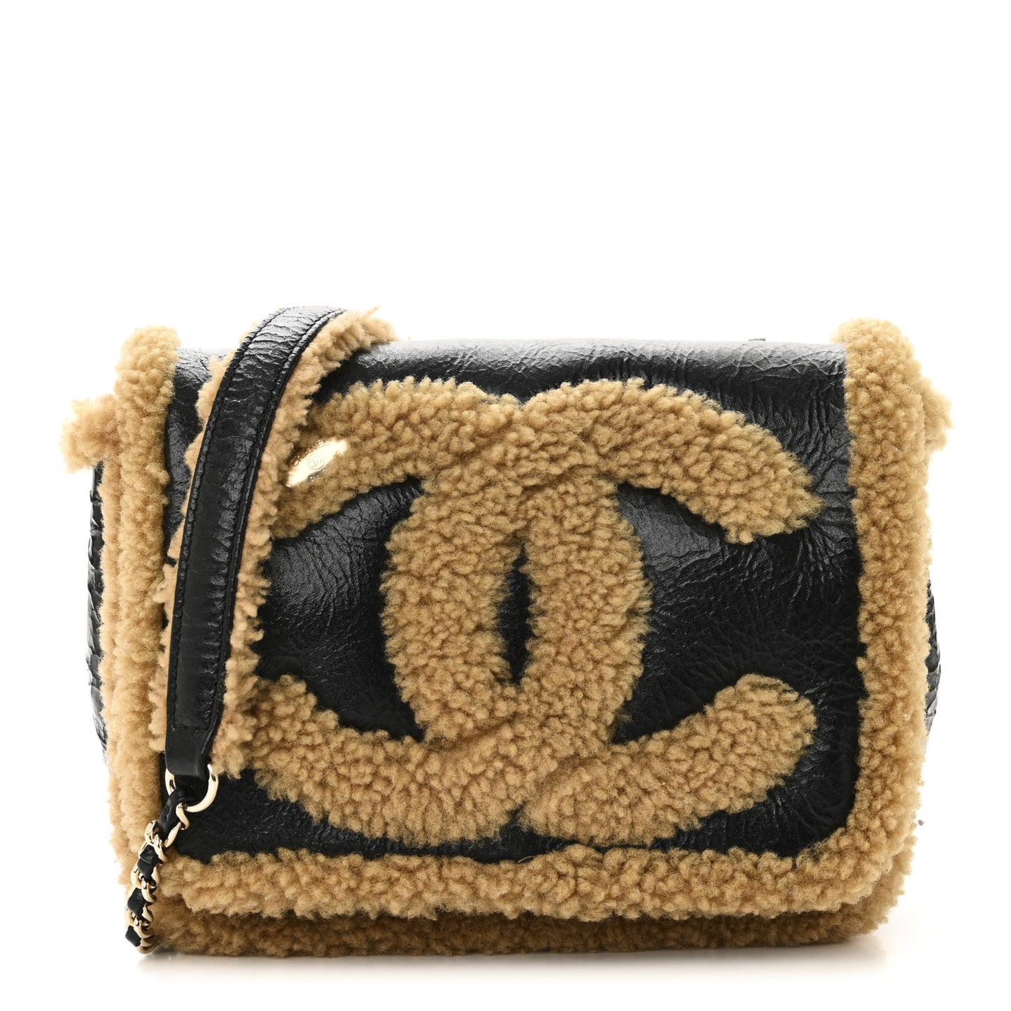 Shiny Crumpled Sheepskin Shearling CC Mania Flap Bag Black Beige