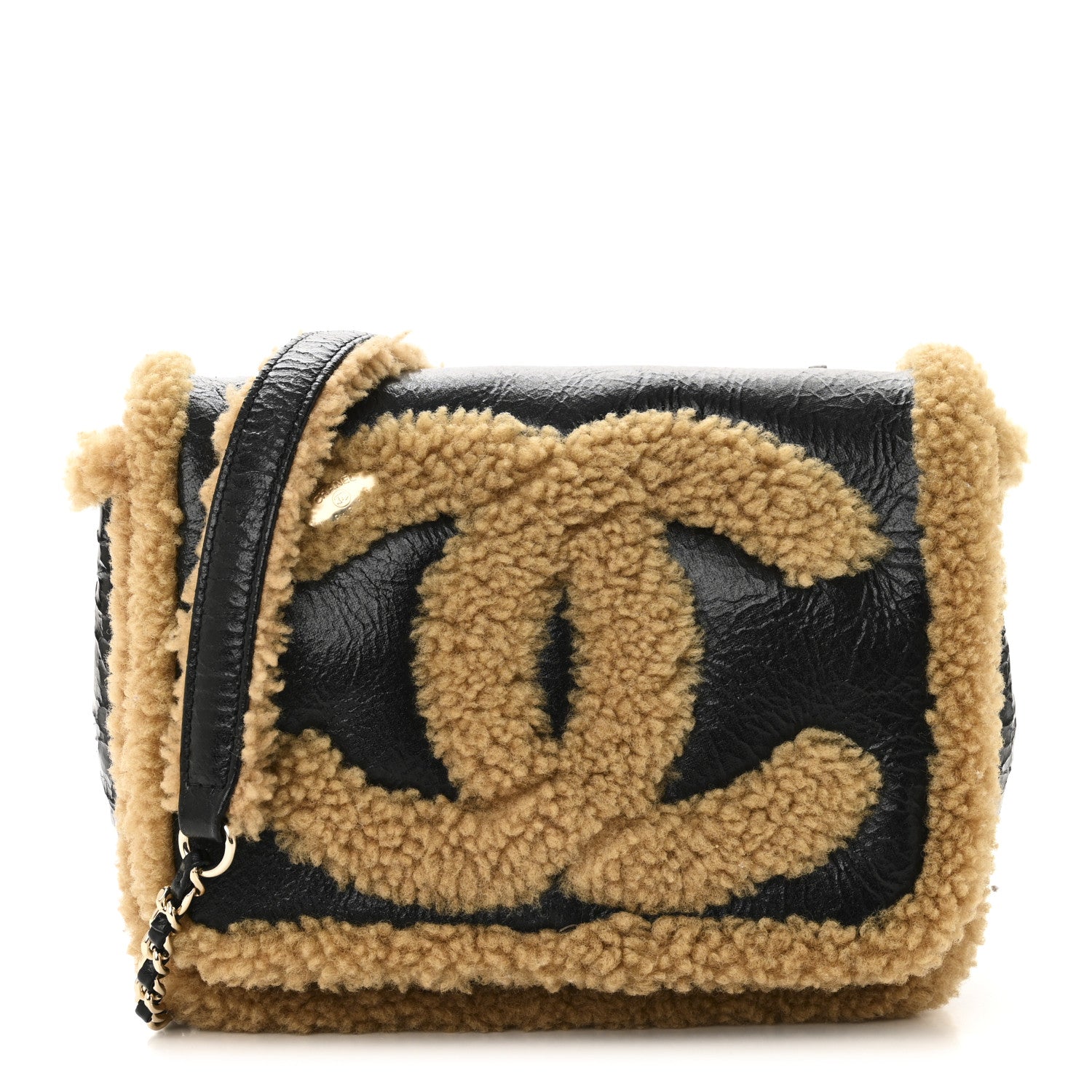 Chanel Shiny Crumpled Sheepskin Shearling CC Mania Flap Bag Black Beige 8 of 11