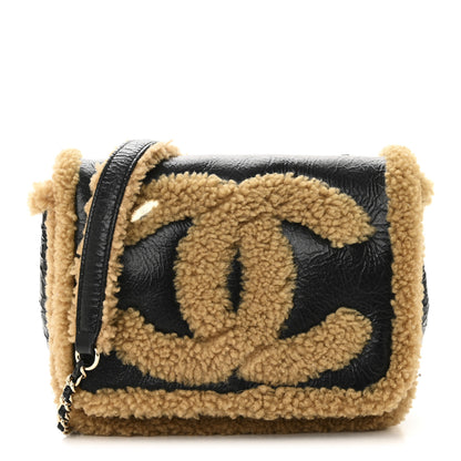 Chanel Shiny Crumpled Sheepskin Shearling CC Mania Flap Bag Black Beige 8 of 11