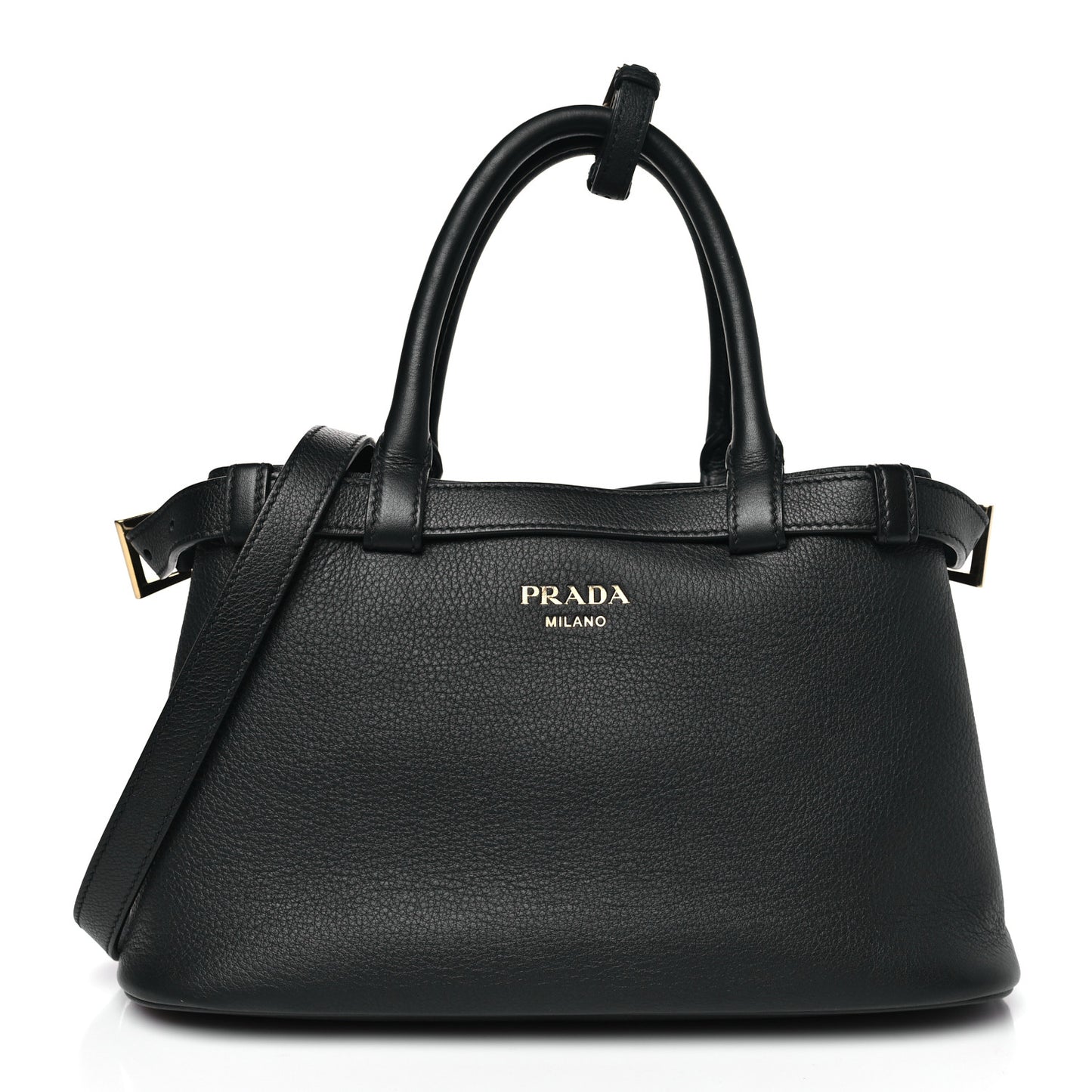 Soft Grain Calfskin Small Double Belt Tote Black