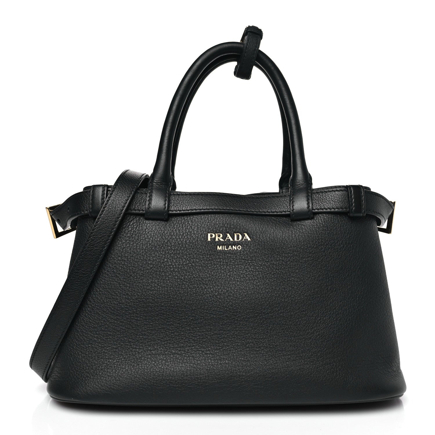 Prada Soft Grain Calfskin Small Double Belt Tote Black 1 of 9