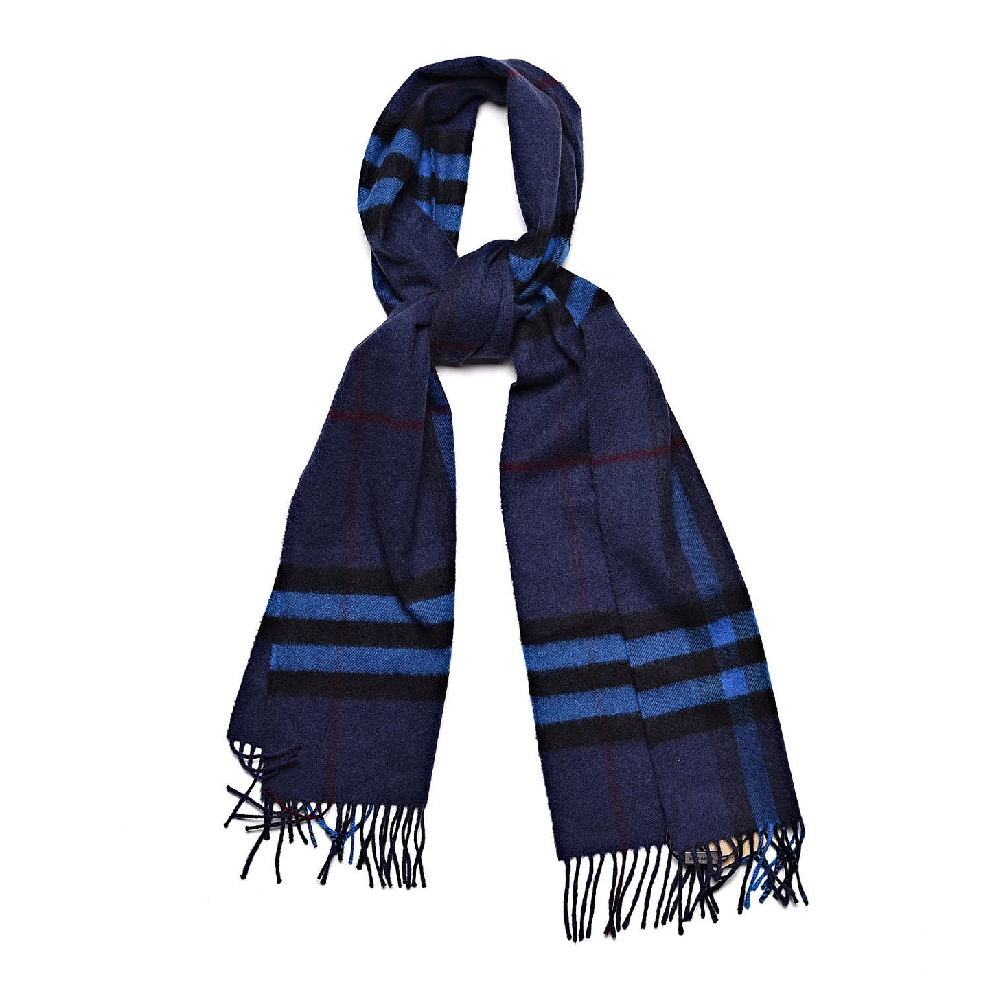 Cashmere Giant Check Fringe Scarf Navy Bright Cobalt