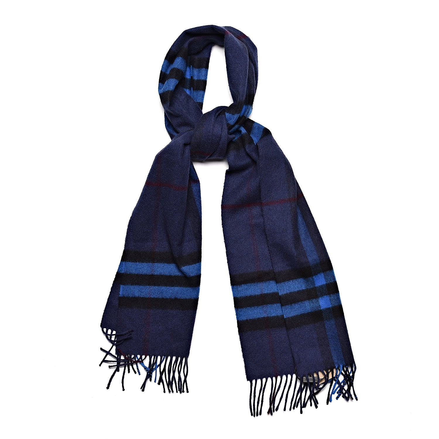 Burberry Cashmere Giant Check Fringe Scarf Navy Bright Cobalt 1 of 5