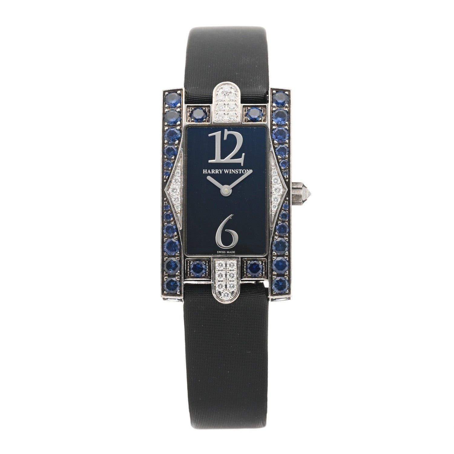 Harry Winston 18K White Gold Satin Diamond Sapphire 21mm Avenue Quartz Watch 1 of 4