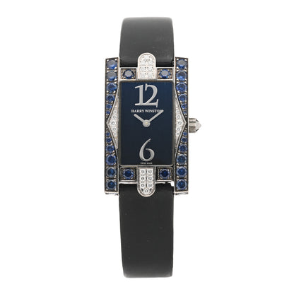 Harry Winston 18K White Gold Satin Diamond Sapphire 21mm Avenue Quartz Watch 1 of 4