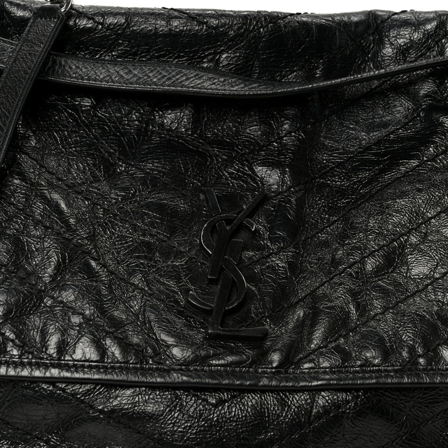 Crinkled Calfskin Matelasse Monogram Large Niki Chain Satchel Black