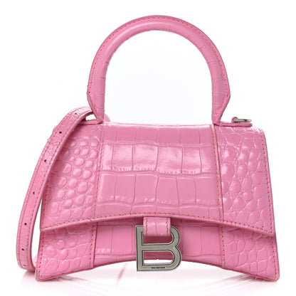 Balenciaga Shiny Calfskin Crocodile Embossed Hourglass Top Handle Bag XS Baby Pink 1 of 10