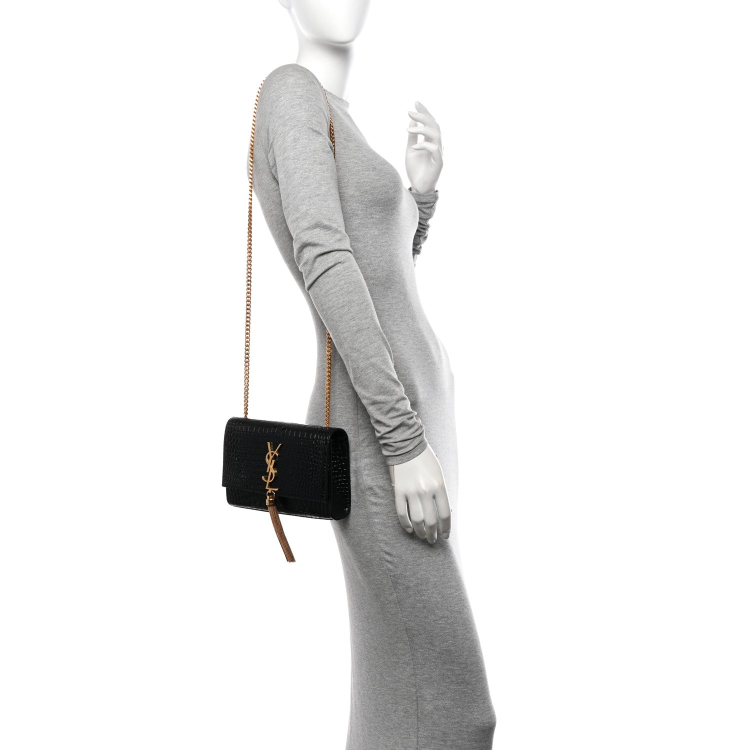 Saint Laurent Calfskin Crocodile Embossed Small Classic Monogram Kate Tassel Satchel Black 2 of 10