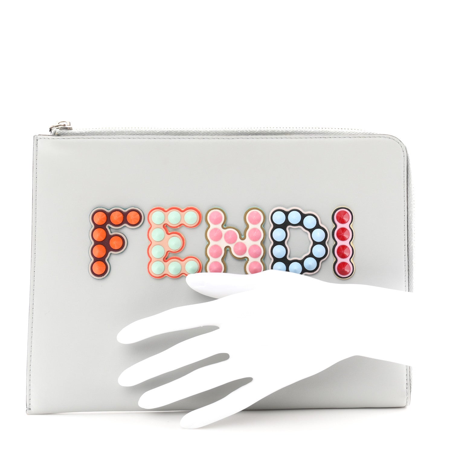 Fendi Vitello Liberty Fun Fair Studded Zip Around Pouch Grigio Perla Multicolor 2 of 7