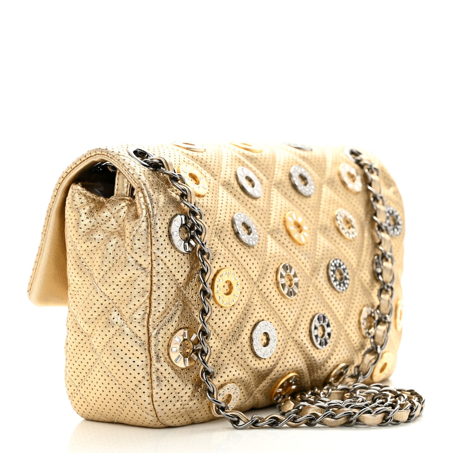 Perforated Metallic Lambskin Jumbo CC Medals Flap Gold