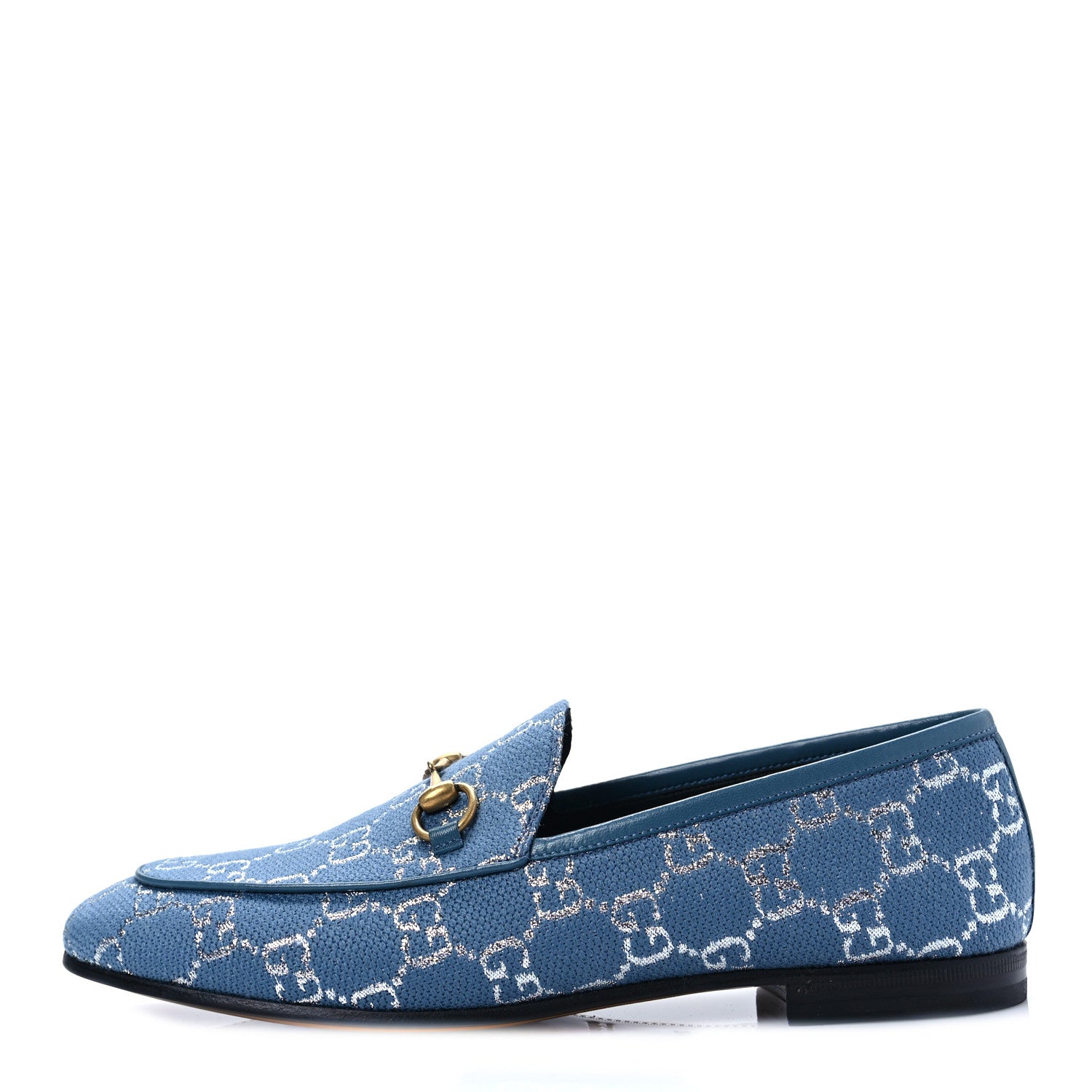 Gucci Canvas Lame GG Monogram Horsebit Womens Jordaan Loafers 39 Blue Silver Cornflower Blue 1 of 8