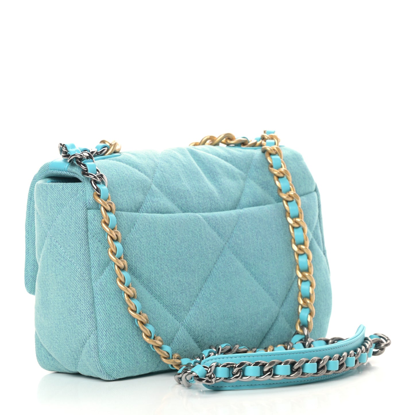 Denim Quilted Medium Chanel 19 Flap Neon Blue