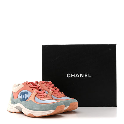Chanel Nylon Lambskin Suede Calfskin CC Sneakers 35 Coral Light Blue White 12 of 12