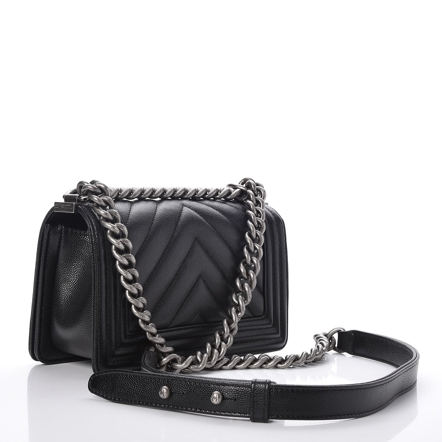 Caviar Chevron Quilted Small Boy Flap Black