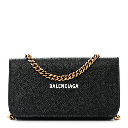 Balenciaga Grained Calfskin Logo Cash Phone Holder Wallet On Chain Black White 1 of 9
