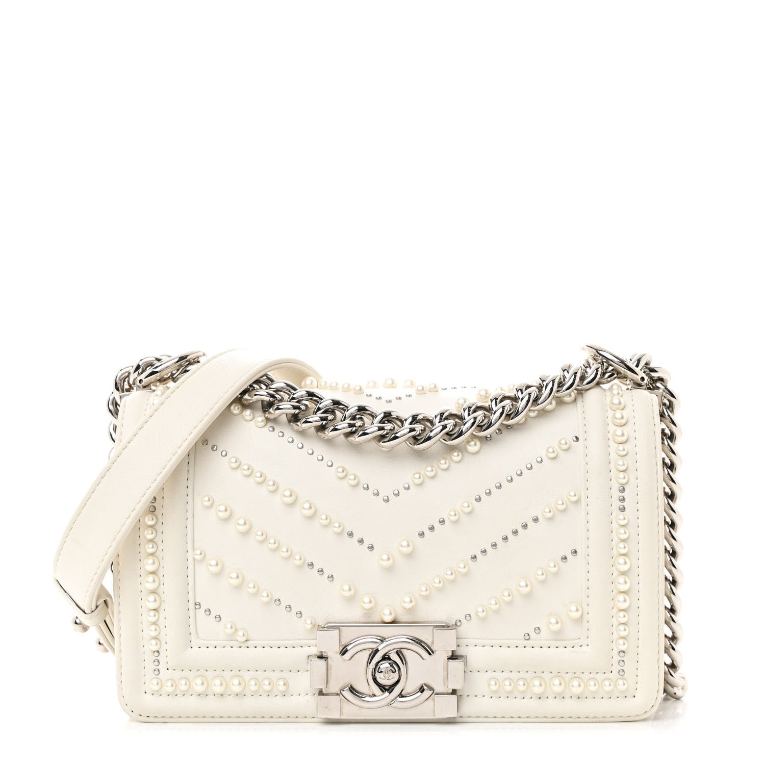 Chanel Calfskin Pearl Chevron Small Boy Flap White 1 of 11