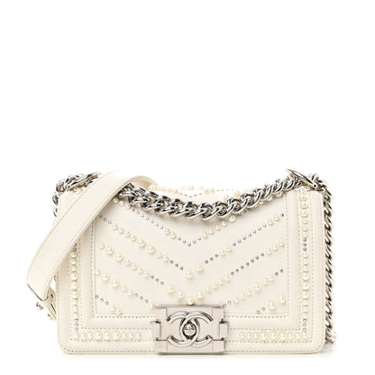 Chanel Calfskin Pearl Chevron Small Boy Flap White 1 of 11