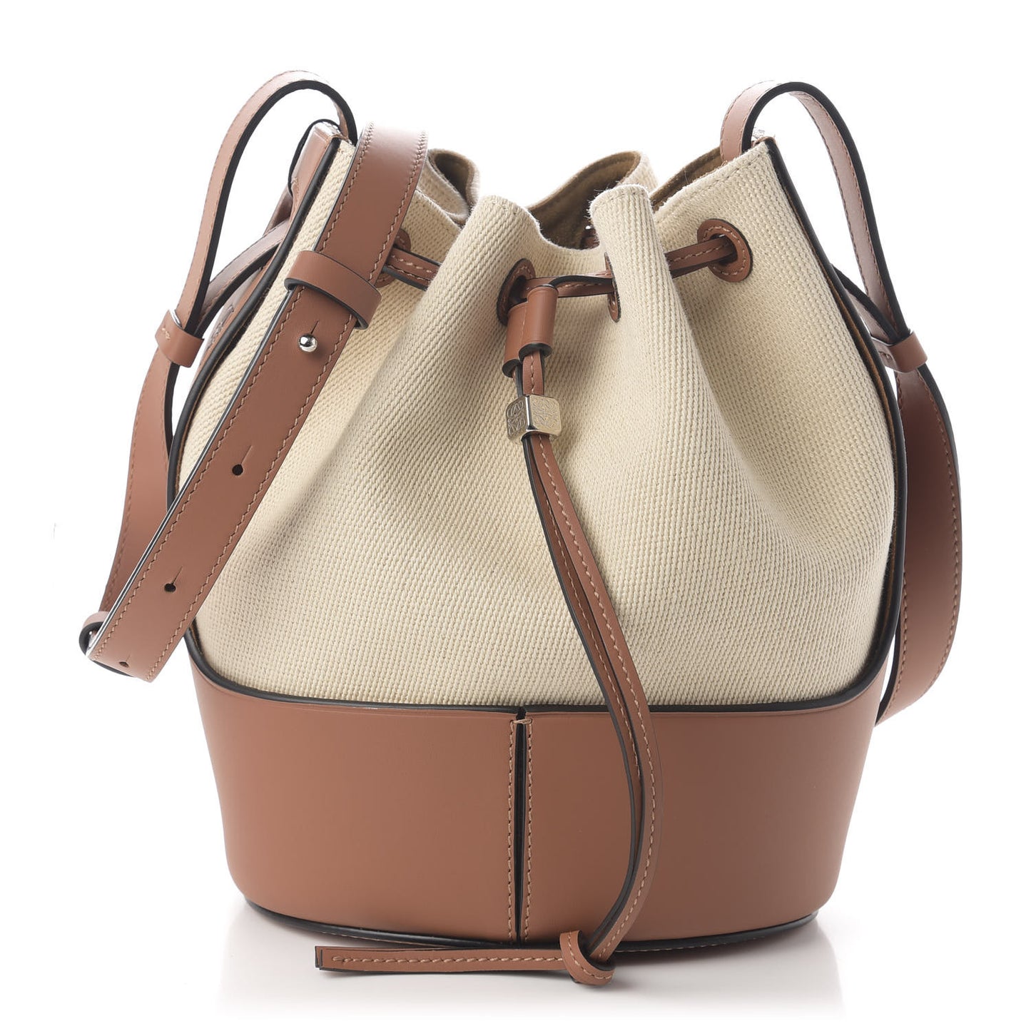 Canvas Calfskin Balloon Bucket Bag Ecru Tan