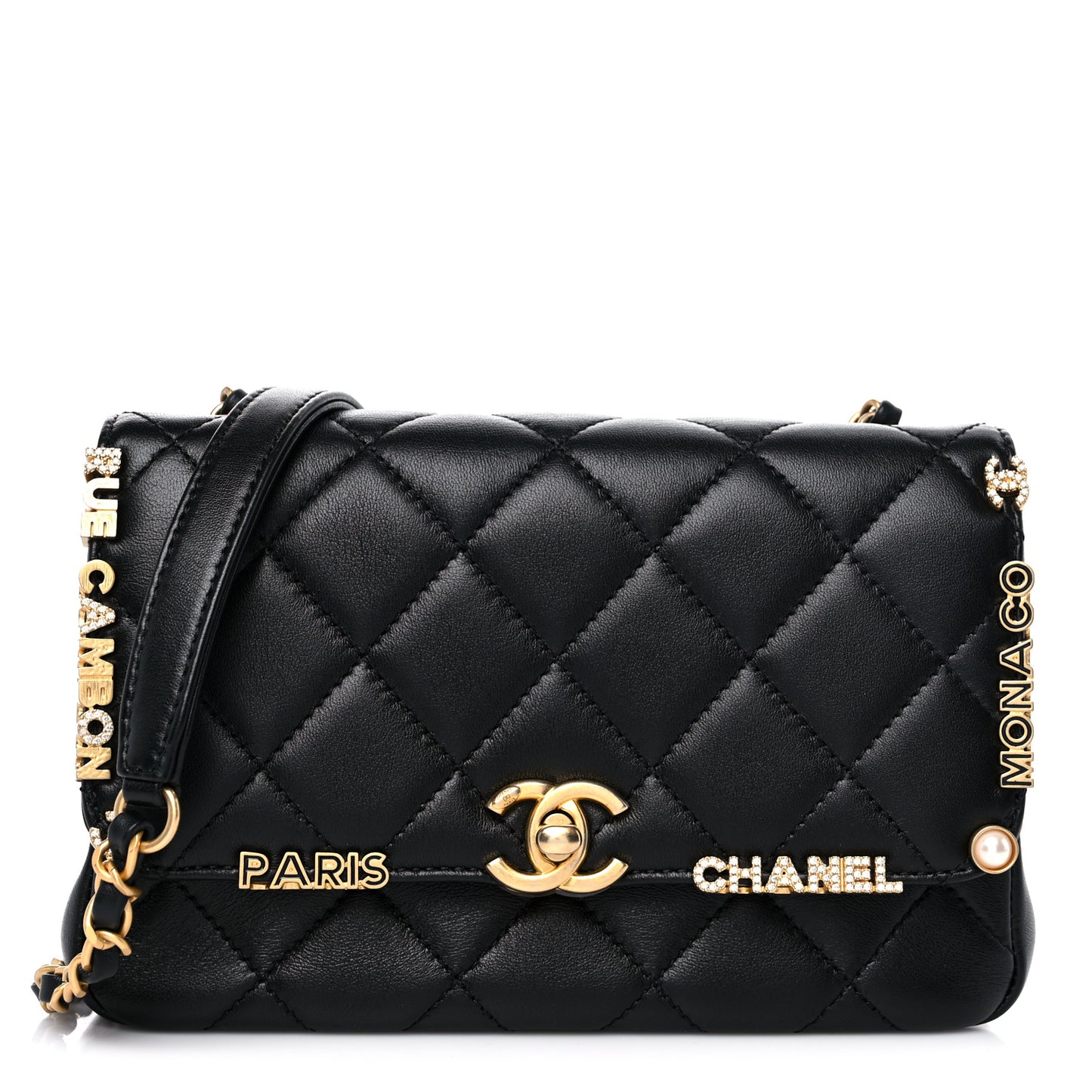 Lambskin Enamel Strass Quilted Mini Paris Monaco Flap Black