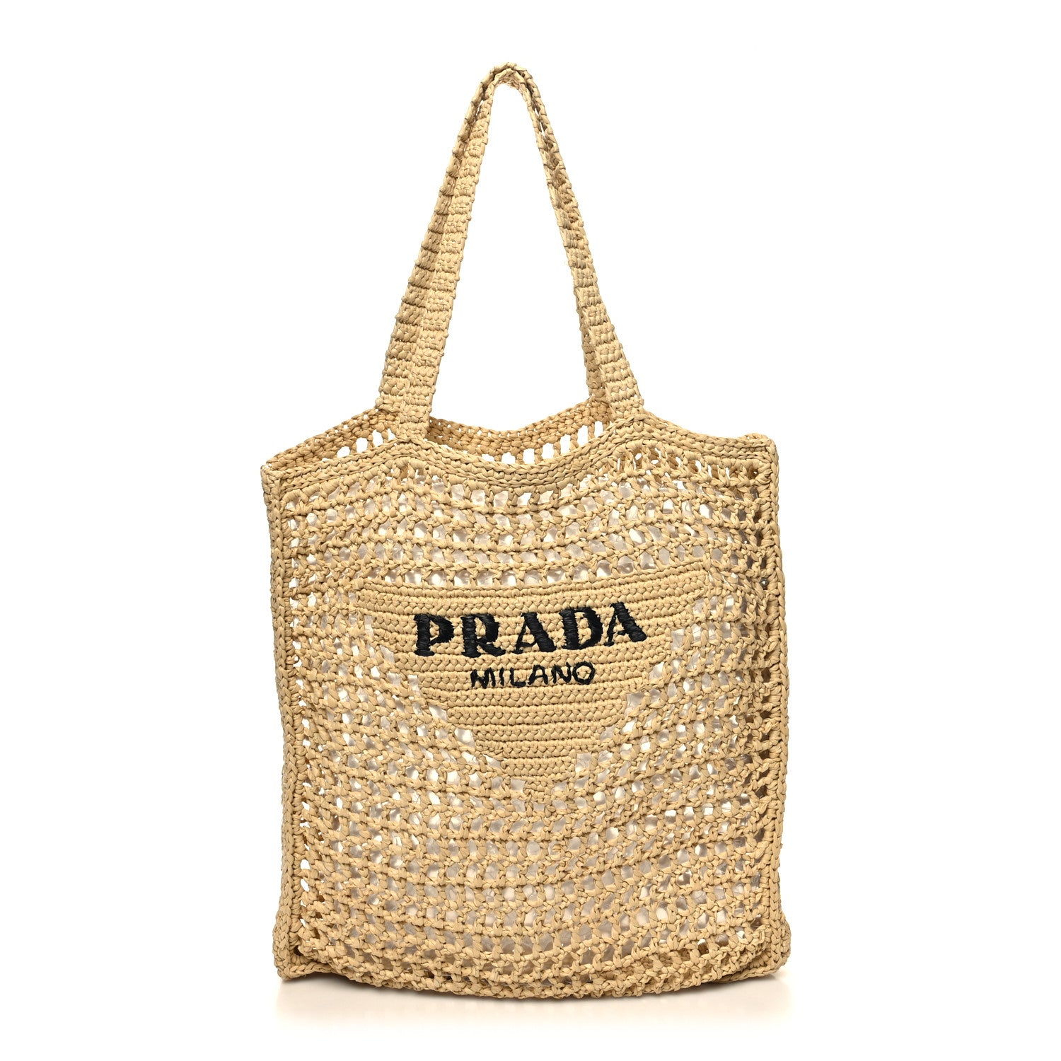 Prada Yarn Raffia Effect Crochet Logo Embroidered Tote Bag Naturale 1 of 9