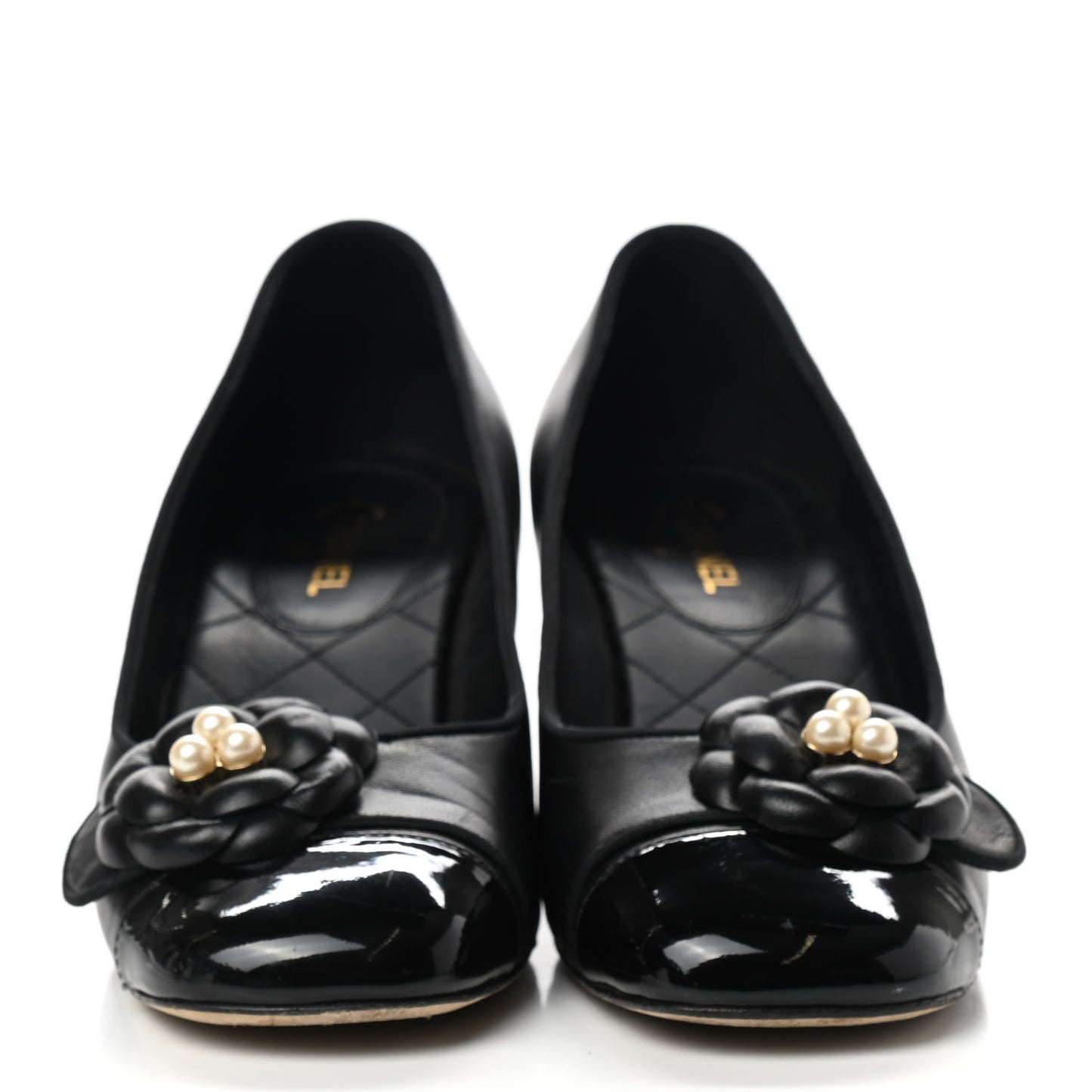 Lambskin Patent Calfskin Pearl Camellia Cap Toe Pumps 36.5 Black