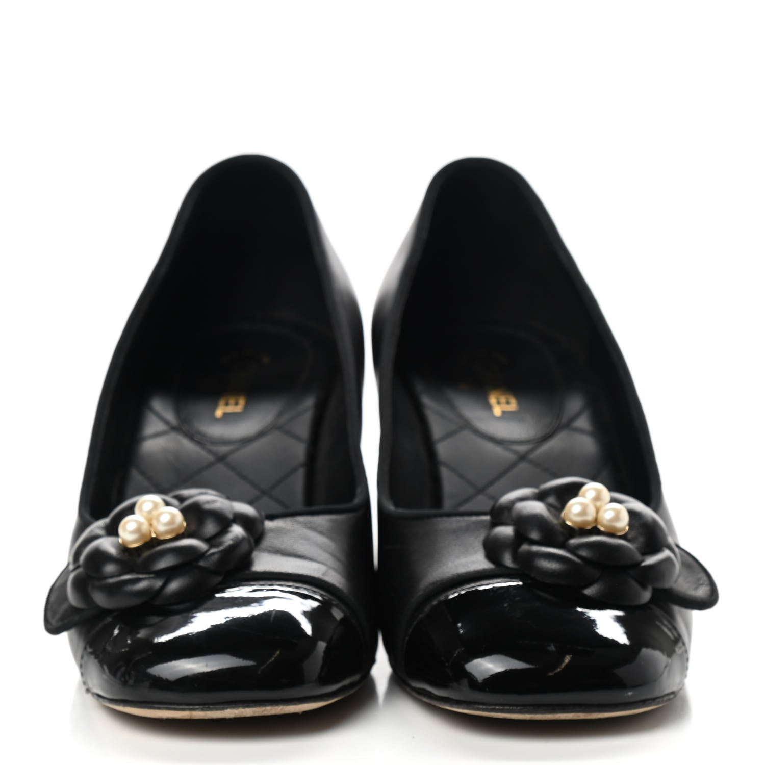 Chanel Lambskin Patent Calfskin Pearl Camellia Cap Toe Pumps 36.5 Black 2 of 9