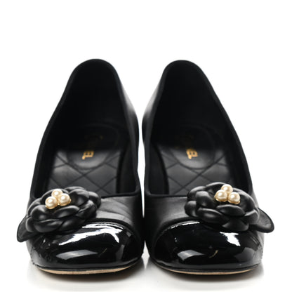 Chanel Lambskin Patent Calfskin Pearl Camellia Cap Toe Pumps 36.5 Black 2 of 9