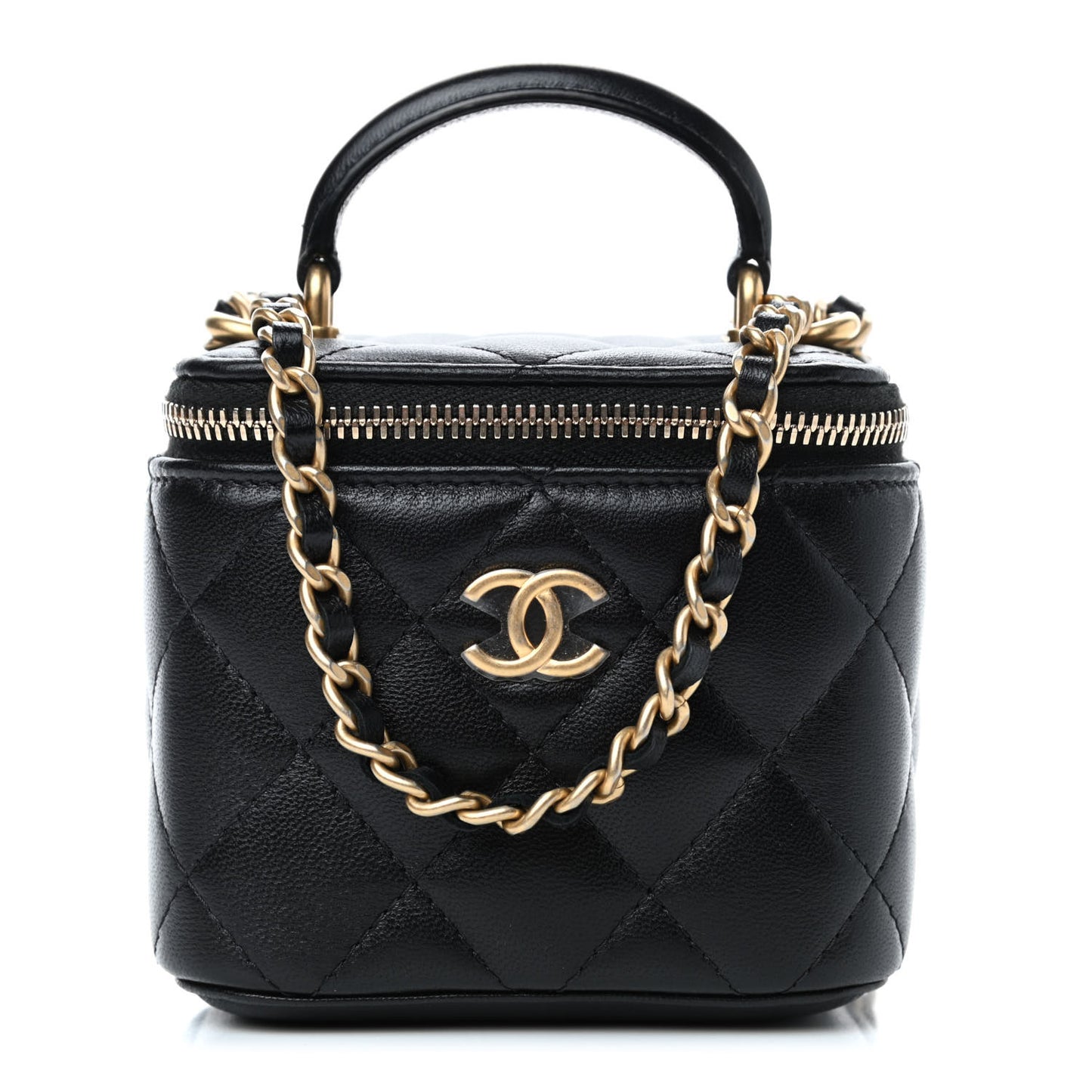 Lambskin Quilted Top Handle Mini Vanity Case With Chain Black