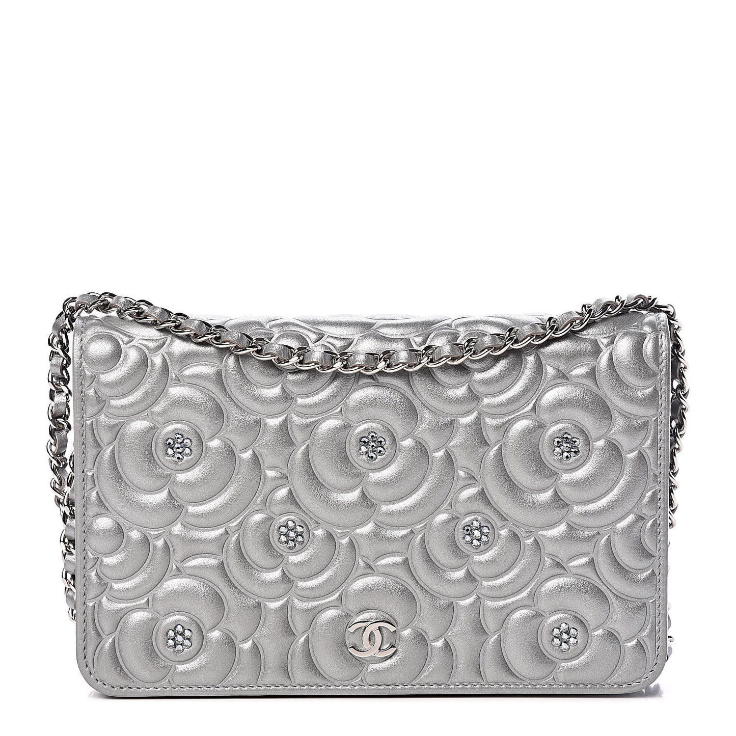 Metallic Lambskin Camellia Crystal Wallet on Chain WOC Silver