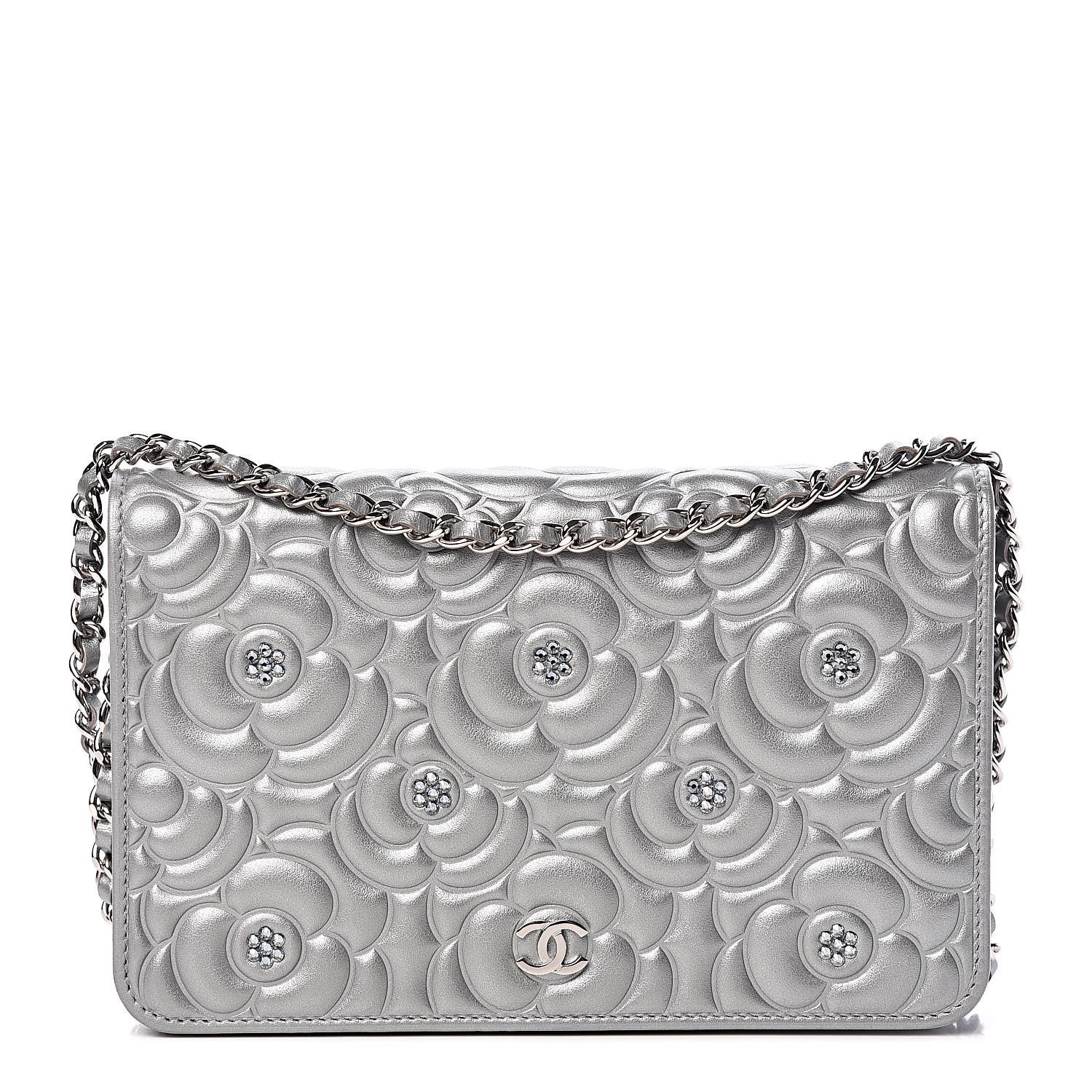 Chanel Metallic Lambskin Camellia Crystal Wallet on Chain WOC Silver 1 of 14