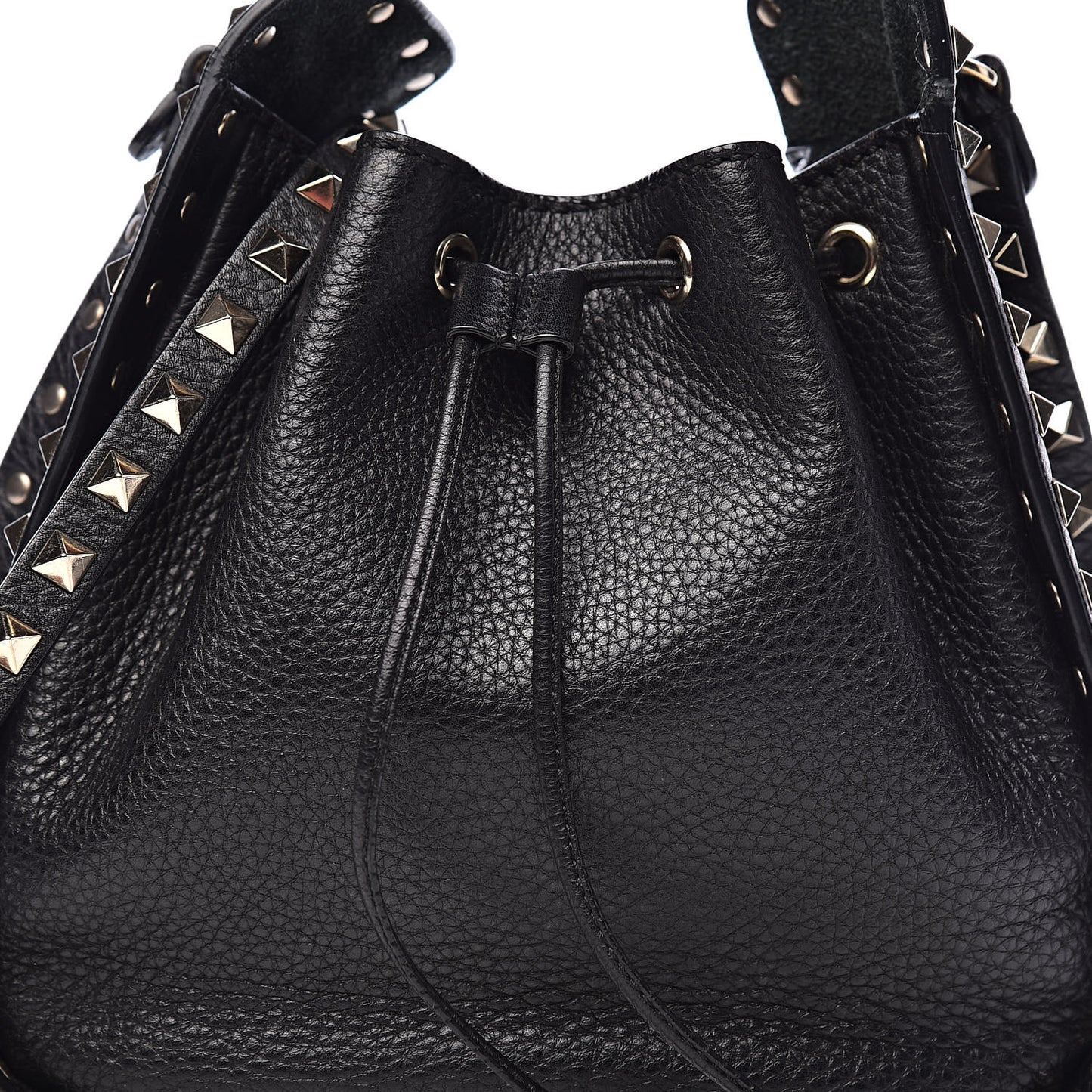 Grained Calfskin Rockstud Bucket Bag Black