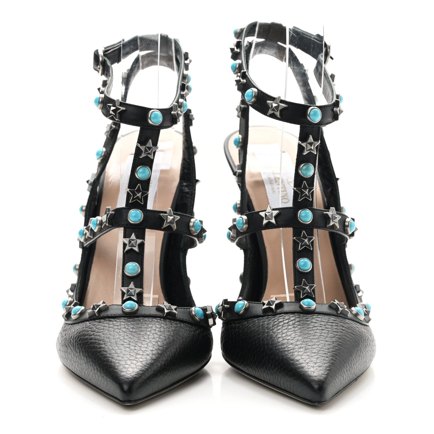 Valentino Garavani Pebbled Calfskin Stars Turquoise Rockstud Rolling Ankle Strap 100mm Pumps 37.5 Black 2 of 8
