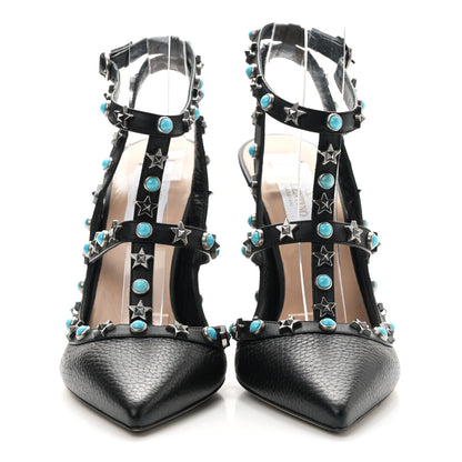 Valentino Garavani Pebbled Calfskin Stars Turquoise Rockstud Rolling Ankle Strap 100mm Pumps 37.5 Black 2 of 8