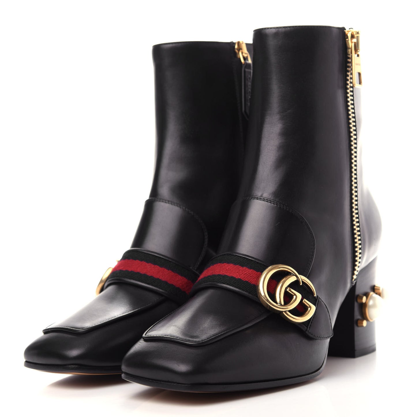 Betis Glamour Calfskin Web Pearl Embellished Peyton 75mm Ankle Boots 38 Black