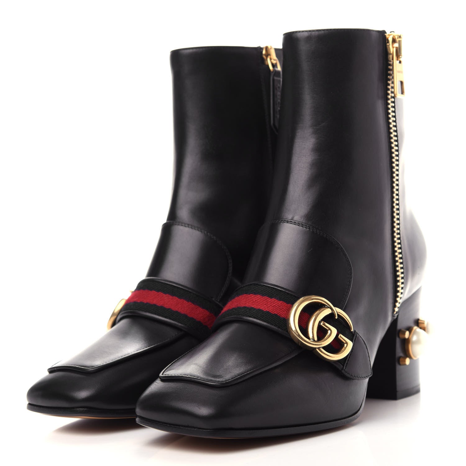 Gucci Betis Glamour Calfskin Web Pearl Embellished Peyton 75mm Ankle Boots 38 Black 3 of 11