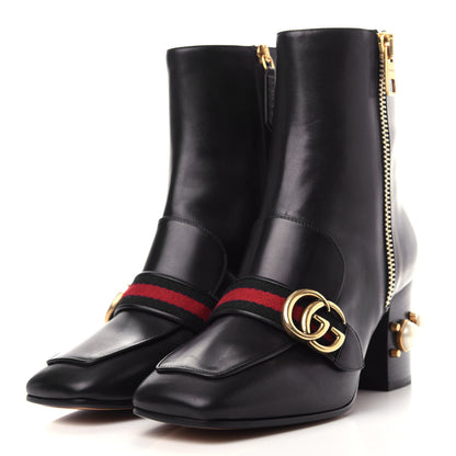 Gucci Betis Glamour Calfskin Web Pearl Embellished Peyton 75mm Ankle Boots 38 Black 3 of 11