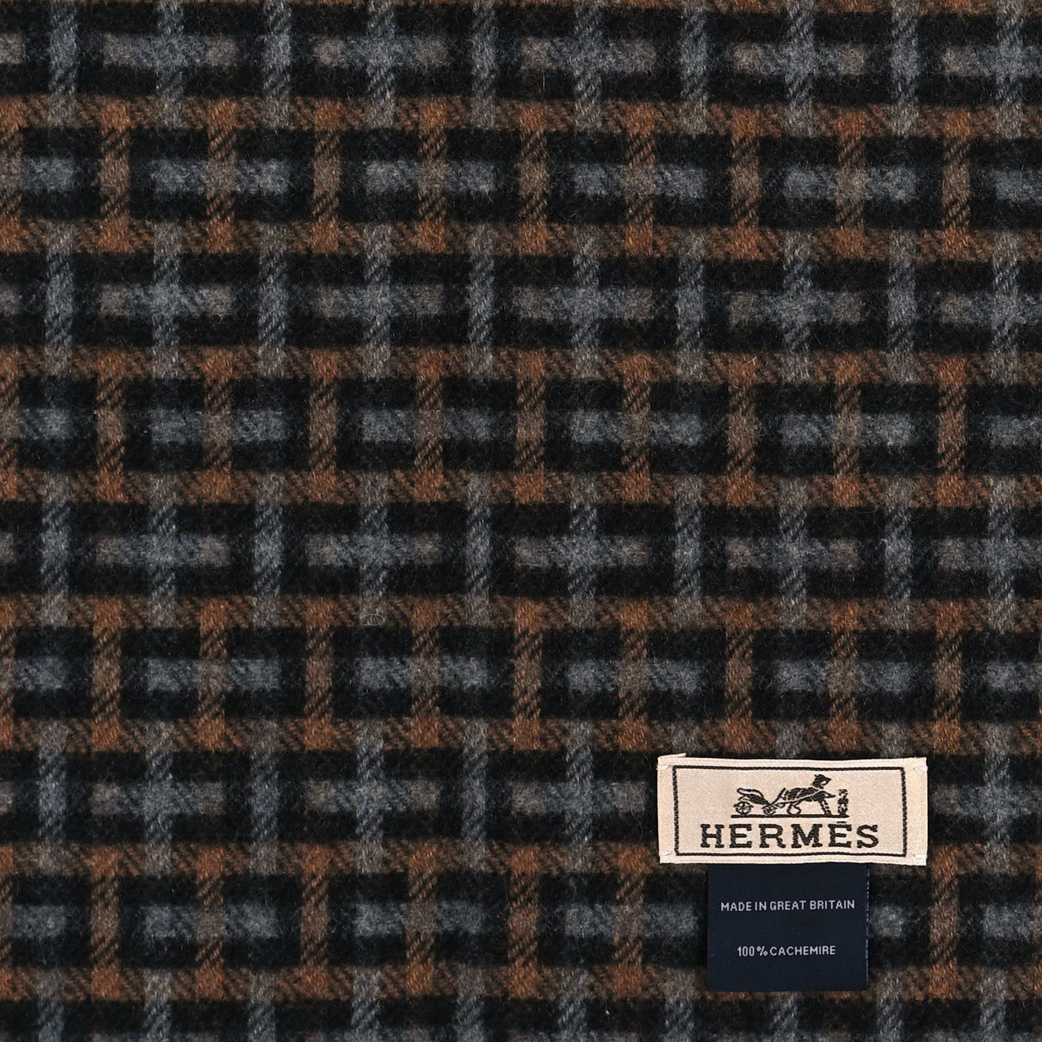 Hermes Cashmere H Ecossais Muffler Black Flanelle Camel 3 of 3