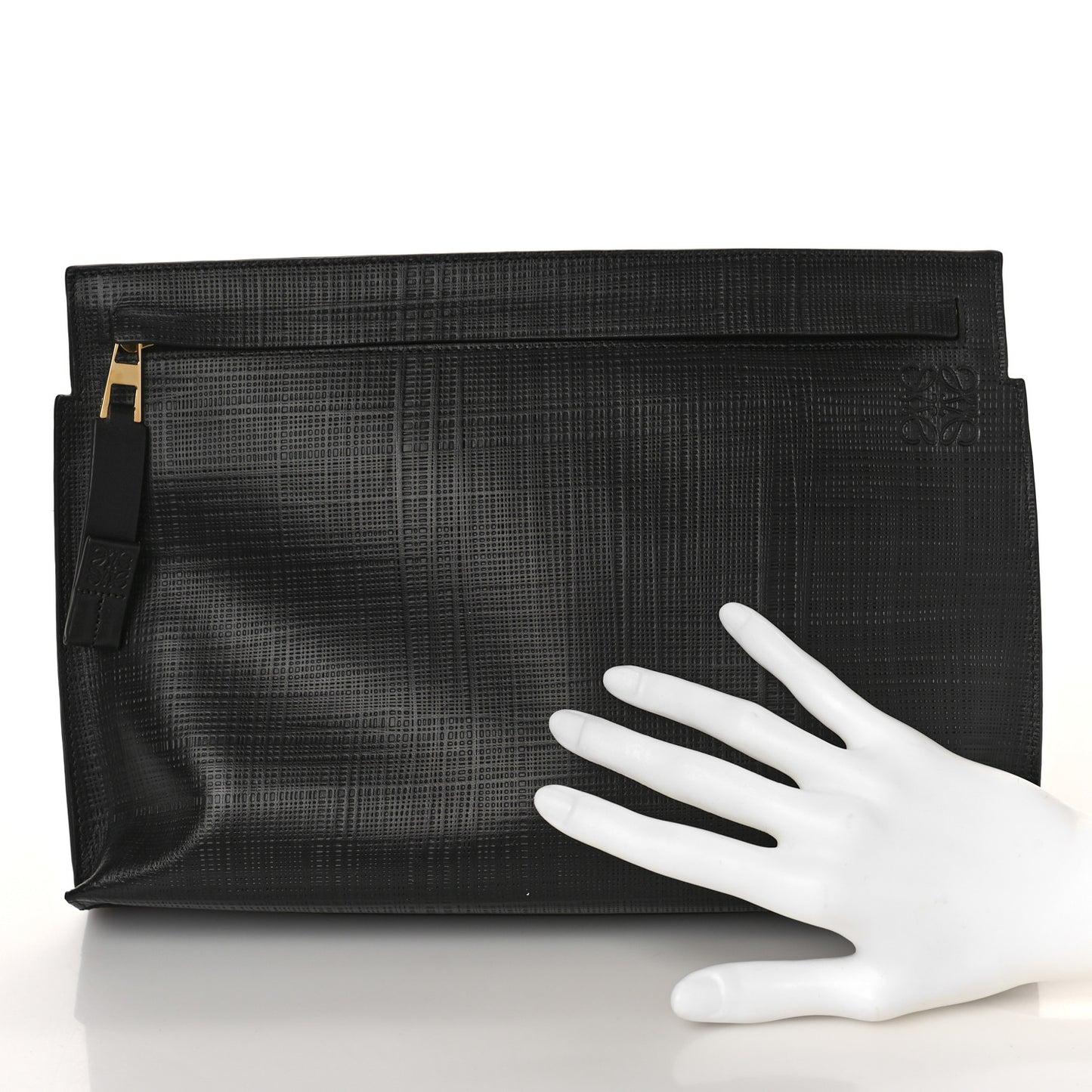 Calfskin Linen Embossed Large T Pouch Black