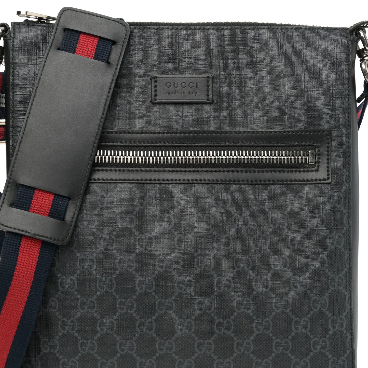 GG Supreme Monogram Appia Calfskin Web Flat Messenger Bag Black Grey