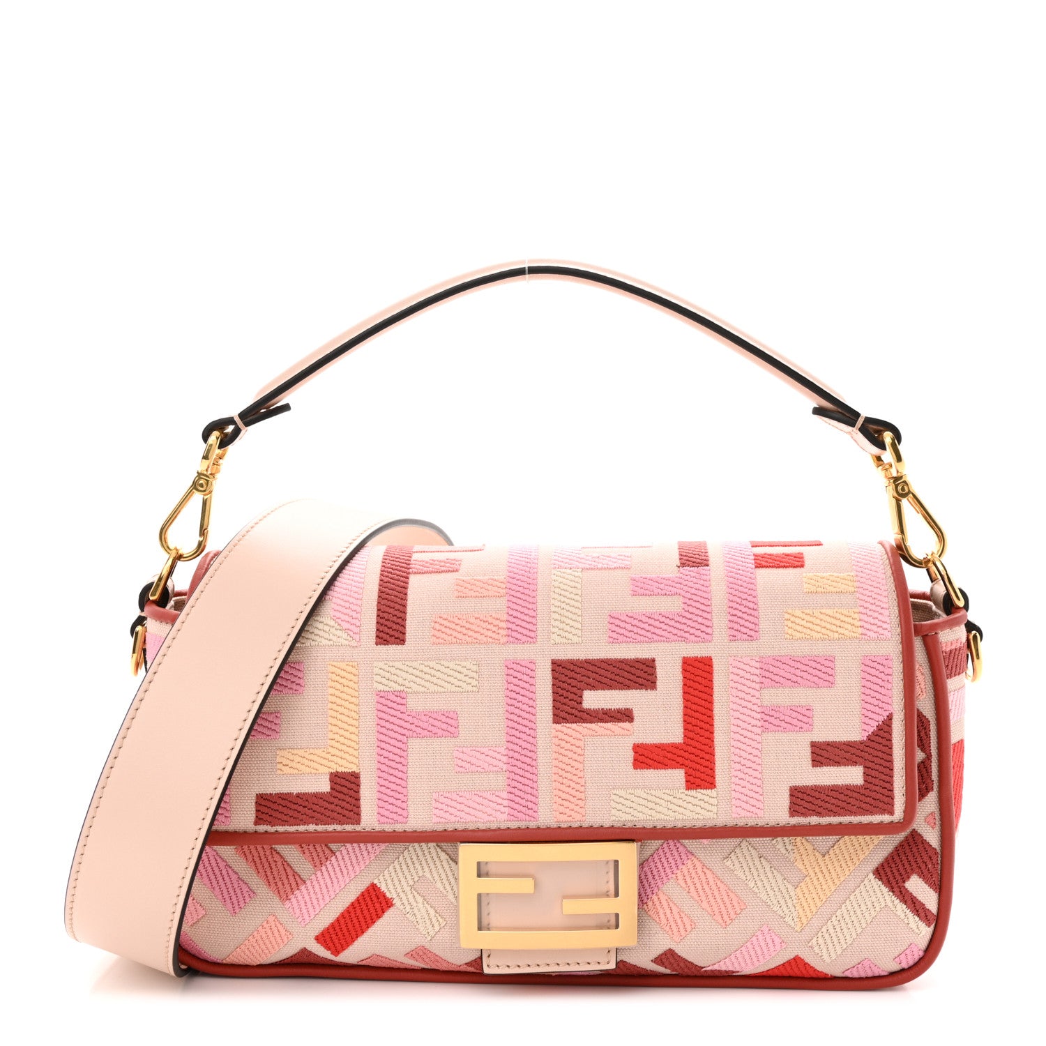 Fendi Canvas Vitello King FF Embroidered Baguette Rosa Quarzo Bloody Mary Multicolor 1 of 9