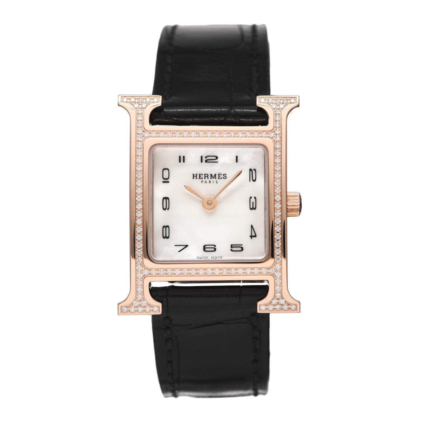 18K Rose Gold Alligator Diamond Bezel Mother of Pearl 21mm Heure H Hour Quartz Watch Noir